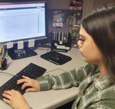 A person typing during a live chat session for MVD