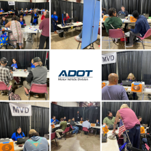 A collage of images featuring MVD team members helping people obtain proper IDs