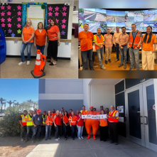 A collage of groups of people wearing orange