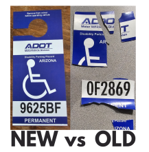 An intact disability placard and a worn and torn disability placard.