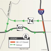 Detour map for southbound I-17 closure