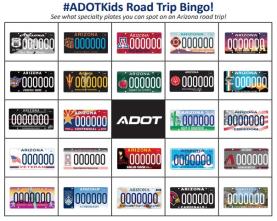A bingo card with 25 spaces. 24 of them contain specialty license plates. The space in the middle contains the ADOT Logo.
