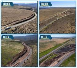 Four before-and-after photographs that show how much earth blasting removed. 