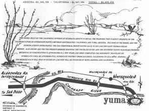 Illustration of proposed Yuma bridge crossing showing location and financial details from a California report. Includes map of US Interstate 8, All American Canal, and surrounding roads.