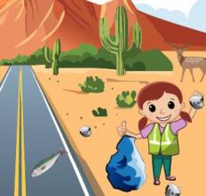 An animated still image of a a girl picking up litter near a road.