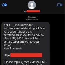 A scam text message about unpaid tolls.