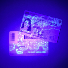 Sample driver licenses under a blacklight.