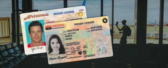 two arizona travel id driver licenses on an airport background