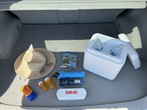 A first aid kit, water bottles, hat, prescriptions and sunscreen in a trunk of a car.