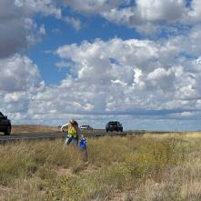 A volunteer removes litter from the side of a rural highway.