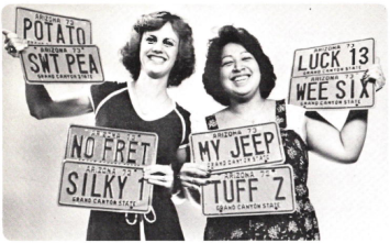 Mitzl Rottman and Rossan Yanez of MVD’s Special Plates Section display some recently sold personalized license plates in 1979.