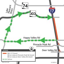 Map showing detour route for I-17 weekend closure June 7-10