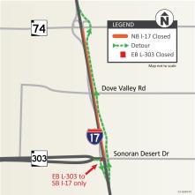 I-17 Weekend Closure Map (303 to SR 74) ADOT Feb. 2025