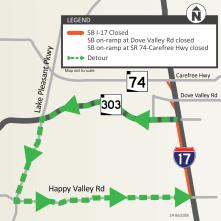 I-17 Southbound Weekend Closure Detour Map (ADOT Feb. '24)