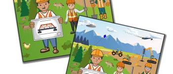 Animated drawings of two construction sites.