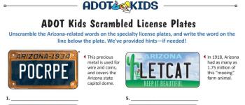 A graphic with a word scramble on license plates.