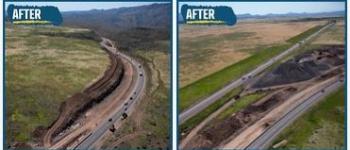 Four before-and-after photographs that show how much earth blasting removed. 