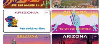 An image featuring six specialty license plates:  Live the Golden Rule, Conserving Wildlife, Pets Enrich our Lives, protect Our Environment, Game of a Lifetime, Arizona Highway's Magazine