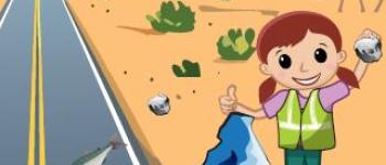 An animated still image of a a girl picking up litter near a road.