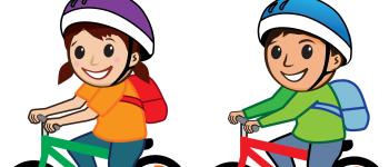 Cartoon showing two kids riding bikes safely