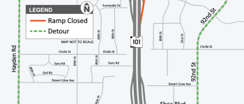 Map of planned closure of the northbound Loop 101 off-ramp at Cactus Road with detours