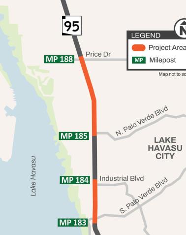 Map showing the SR 95 raised median project from S Palo Verde Road to Industrial Boulevard and from N Palo Verde Road to Price Road