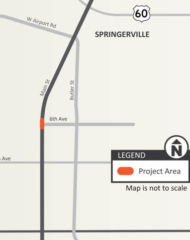 Map of US 180B (Main Street) and 6th Avenue in Eagar, showing project area for High Intensity Activated Crosswalk (HAWK) installation.