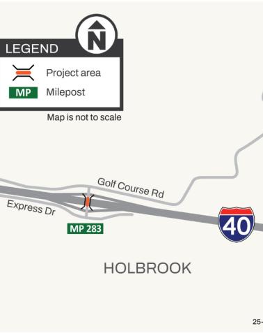 ADOT Project Map showing Perkins Valley Road bridge project area at milepost 283 on I-40 near Holbrook, including Golf Course Road and Express Drive.