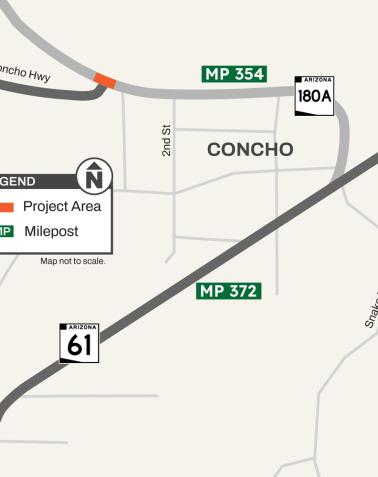 Map of Concho, Arizona showing project area on US 180A at CR 5020 near milepost 354, with nearby highways AZ 61 and Snake Ranch Road marked.