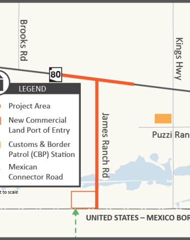 Project area map showing the connector road along James Ranch Road, connecting to both State Route 80 and the new port of entry