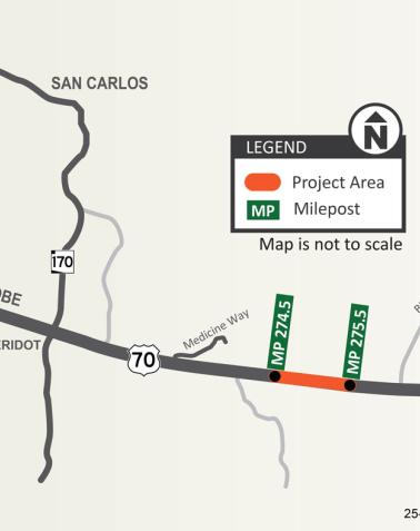 Map showing the US 70: Medicine Way Passing Lane Project area between mileposts 274.5 and 275.5 near Peridot, Arizona, between Globe and San Carlos. The highlighted orange section marks the project area on US 70.