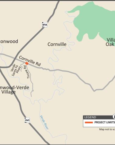 ADOT map for the Cornville Road Roundabout project in Yavapai County, Arizona, showing the intersection of Cornville Road and Tissaw Road marked as the project limits. The map includes nearby communities such as Cornville, Cottonwood, Cottonwood-Verde Village, and the Village of Oak Creek, along with State Routes 89A and 260 and the Verde River. A legend identifies the project limits.