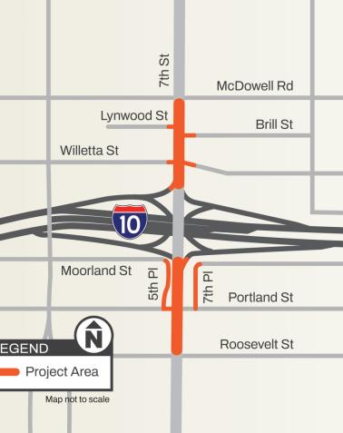 ADOT Map showing the project area along Seventh Street at Interstate 10 in Phoenix. Project limits are highlighted north and south of I-10 near McDowell Road, Roosevelt Street, and surrounding cross streets.