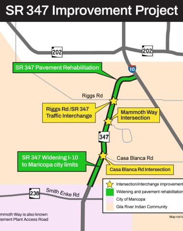 a project area map depicting the SR 347 corridor improvements, including pavement, widening, intersection improvements and a new interchange.