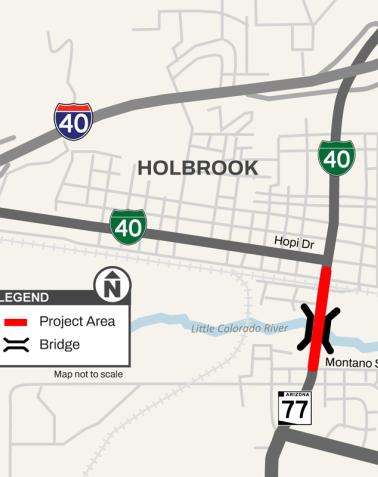ADOT Map of Holbrook, Arizona, showing the project area along State Route 77 south of downtown. The highlighted section indicates the Little Colorado River bridge and nearby roadway scheduled for rehabilitation.