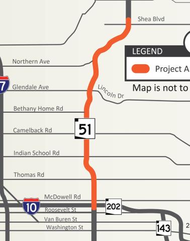 ADOT Map showing the SR 51 pavement rehabilitation project area between Interstate 10 and Shea Boulevard, highlighted in orange, with major cross streets and highways labeled. Map is not to scale.