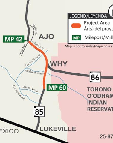 Project map showing State Route 85 from Elota Avenue at milepost 42 to milepost 60 in Ajo for a planned pavement preservation project.