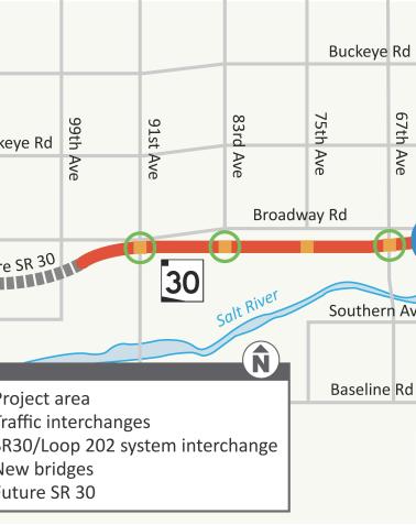 Map showing the SR 30, 97th Avenue to Loop 202 project area.