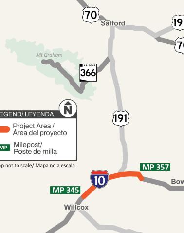 Map of southeast Arizona showing an ADOT pavement rehabilitation project on Interstate 10 between Willcox and Bowie, from milepost 345 to milepost 357.