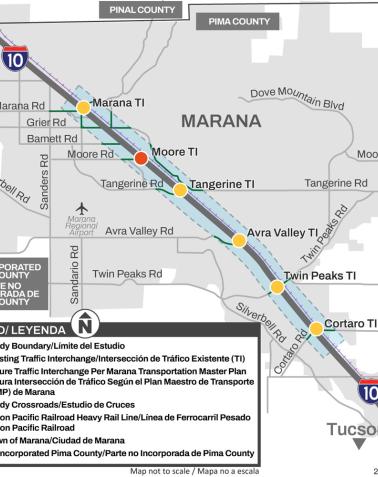 Map showing the I-10 corridor through Marana, Arizona, with existing and planned traffic interchanges, study boundaries, and major cross streets from Cortaro Road to Marana Road.