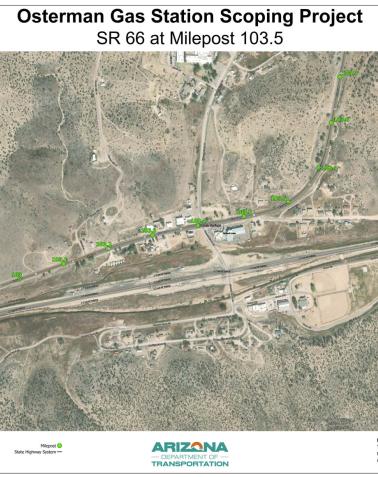 Aerial map of the Osterman Gas Station Scoping Project area along SR 66 at Milepost 103.5 in Peach Springs, Arizona.
