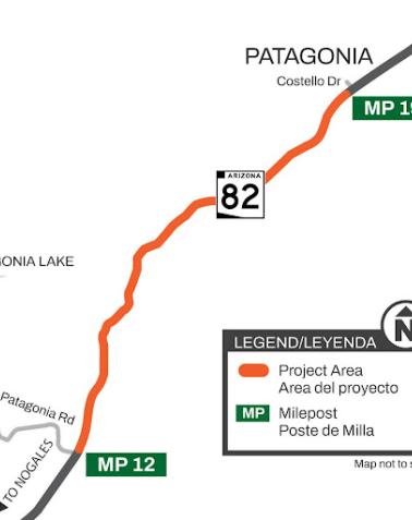 ADOT Map showing a pavement project on Arizona State Route 82, from Lake Patagonia Road at milepost 12.3 north to milepost 19 near Patagonia, planned for late spring 2026.