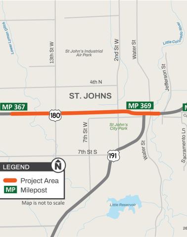 Map showing the pavement rehabilitation project area along US 180 (Cleveland Street) and US 191 (Commercial Street) in St. Johns, Arizona, from 24th West Street to the Little Colorado River overpass east of Water Street.
