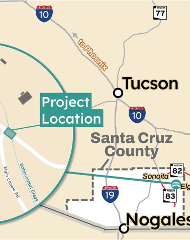 Map showing the project location near Elgin in Santa Cruz County, Arizona, with an inset highlighting local roads and Babocomari Creek.