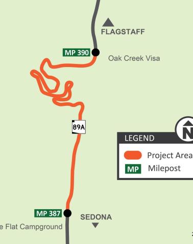 Map of State Route 89A near Sedona showing the section between mileposts 387 and 390 where guardrail replacement work will occur.