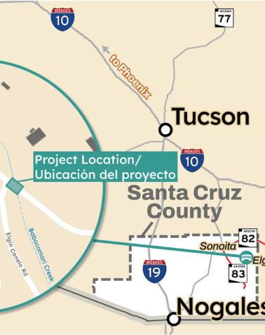 ADOT Map showing the project location near Elgin in Santa Cruz County, Arizona, with an inset highlighting local roads and Babocomari Creek.