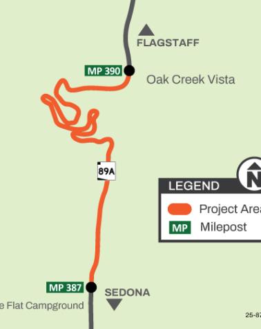 Map of State Route 89A near Sedona showing the section between mileposts 387 and 390 where guardrail replacement work will occur.