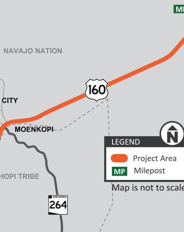Map showing a project area highlighted in orange along US 160 from milepost MP321 near Tuba City and Moenkopi to milepost MP335 within Navajo Nation. A legend identifies the project area and mileposts, and the map notes it is not to scale.