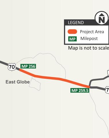 Map showing the I-10 project area near East Globe, Arizona, from milepost 256 to milepost 259.5