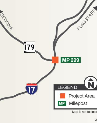 Map of the I-17 and SR 179 interchange project area near milepost 299 between Sedona and Flagstaff